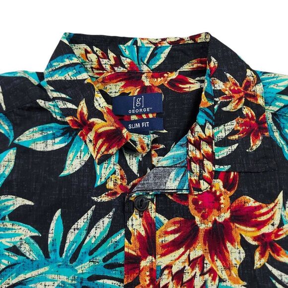George Button Up Slim Fit Shirt Youth XS Black Green Tropical Print Short Sleeve - Picture 2 of 8